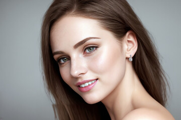 Naklejka premium Beautiful woman brunette beauty close-up portrait on gray background.
