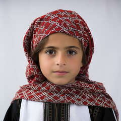 Studio shot of a Jordanian 8-year-old in traditional wear.