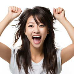A 16-year-old Japanese girl expresses pure joy as she claps her hands in a professional headshot taken in a studio setting.