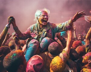 Older lady dancing and enjoy in festival of colors. Crazy atmosphere with a lot of people in crowded. Summer creative idea.