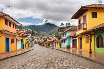 Fototapeta na wymiar Colorful colonial houses on a cobblestone street in Guatape, Antioquia in Colombia, creative AI
