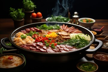 Traditional Chinese Hot Pot Filled with an Assortment of Fresh Ingredients and Savory Broth, Generative AI