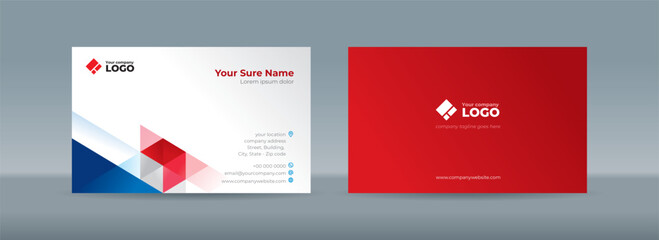 Set of double sided business card templates with blue and red triangles arranged on white and red background