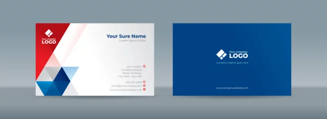 Foto op Aluminium Set of double sided business card templates with blue and red triangles arranged on white and dark blue background © adhi megatama