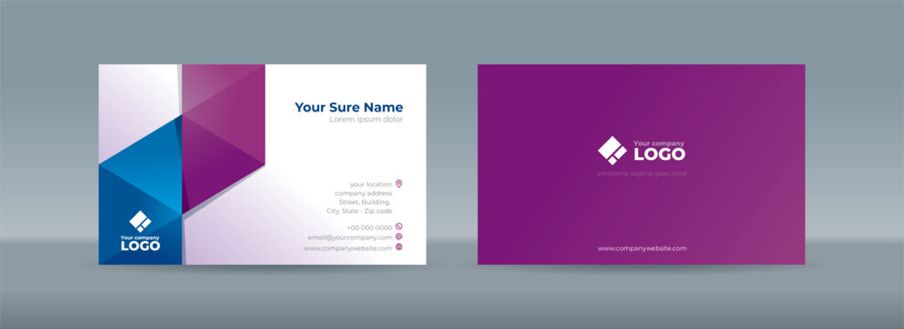 Set of double sided business card templates with blue and purple triangles arranged on white and purple background