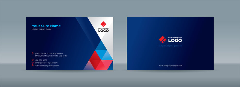 Set of double sided business card templates with blue and red triangles arranged on dark blue background