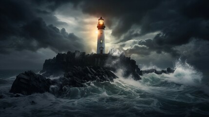Fototapeta na wymiar A lighthouse in the middle of a stormy ocean AI Generated