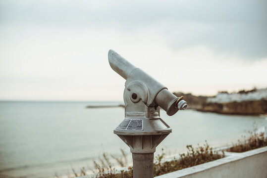 Telescope on coastline between Faro and Albufeira, Algarve, Portugal
