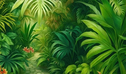 Keuken spatwand met foto Tropical vintage botanical landscape, palm tree. © Preyanuch