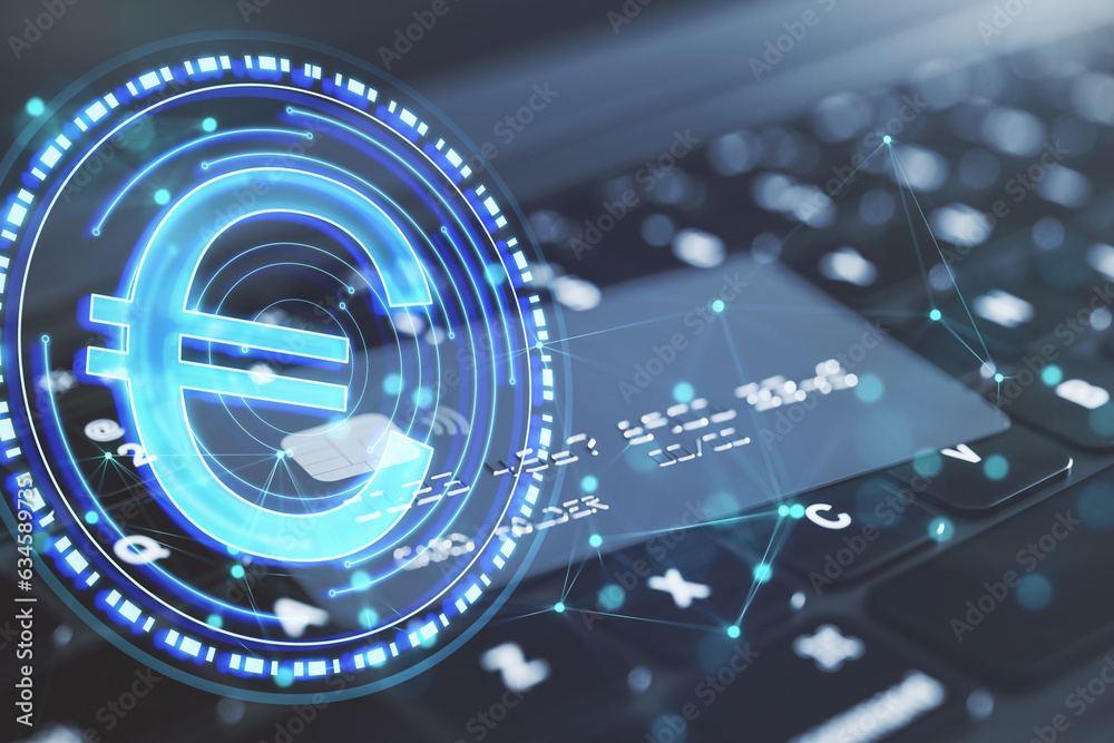 Poster close up of laptop keyboard and bank card with abstract blue digital euro coin with polygonal bokeh 