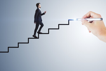 Abstract image of business man climbing hand drawn stairs on light background. Teamwork, success...