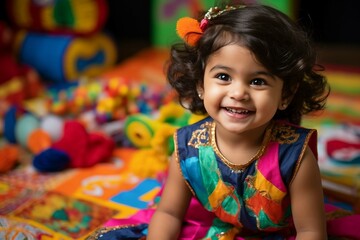 A cute little indian girl smiles while sitting on a colorful rug AI Generated