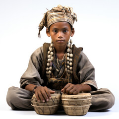 Studio shot of a Burmese (Myanmarese) 8-year-old boy in traditional attire, with a pat waing (drum circle), isolated on a pure white background.