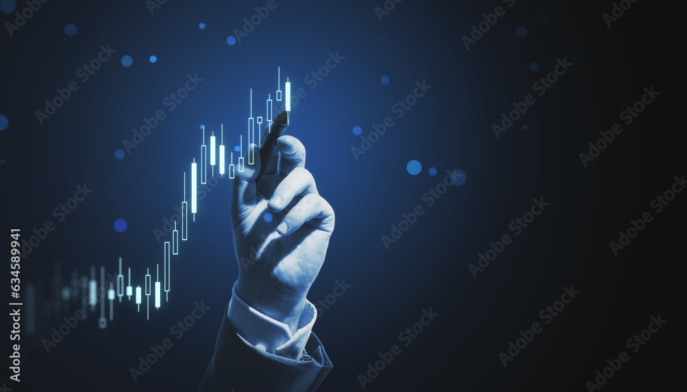 Poster close up of businessman hand touching with finger virtual panel with forex chart