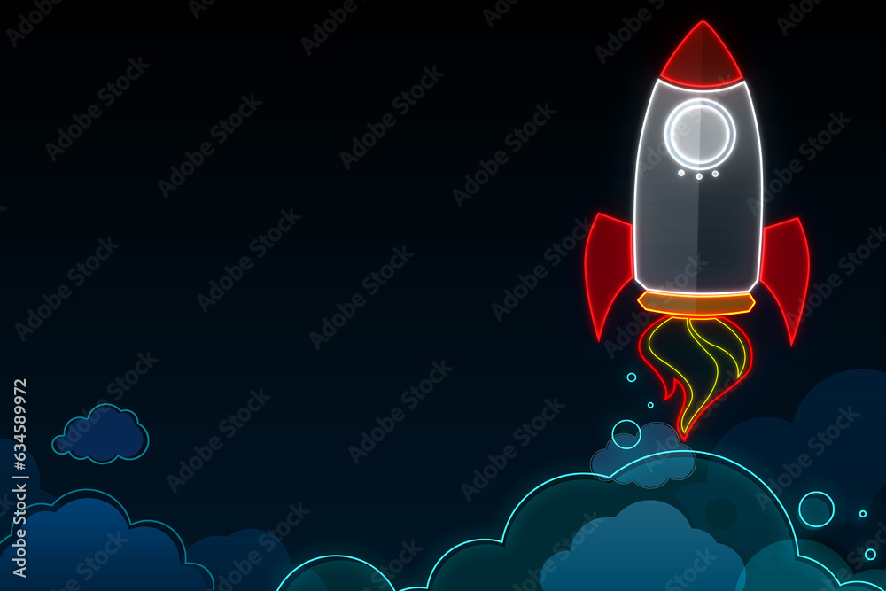 Poster Technological startup and promotion concept with launched rocket and empty space for your logo on dark background. 3D Rendering, mockup