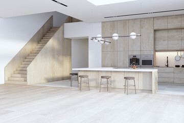 Fototapeta na wymiar Modern white and wooden spacious kitchen interior with two floors, stairs, equipment and daylight. 3D Rendering.