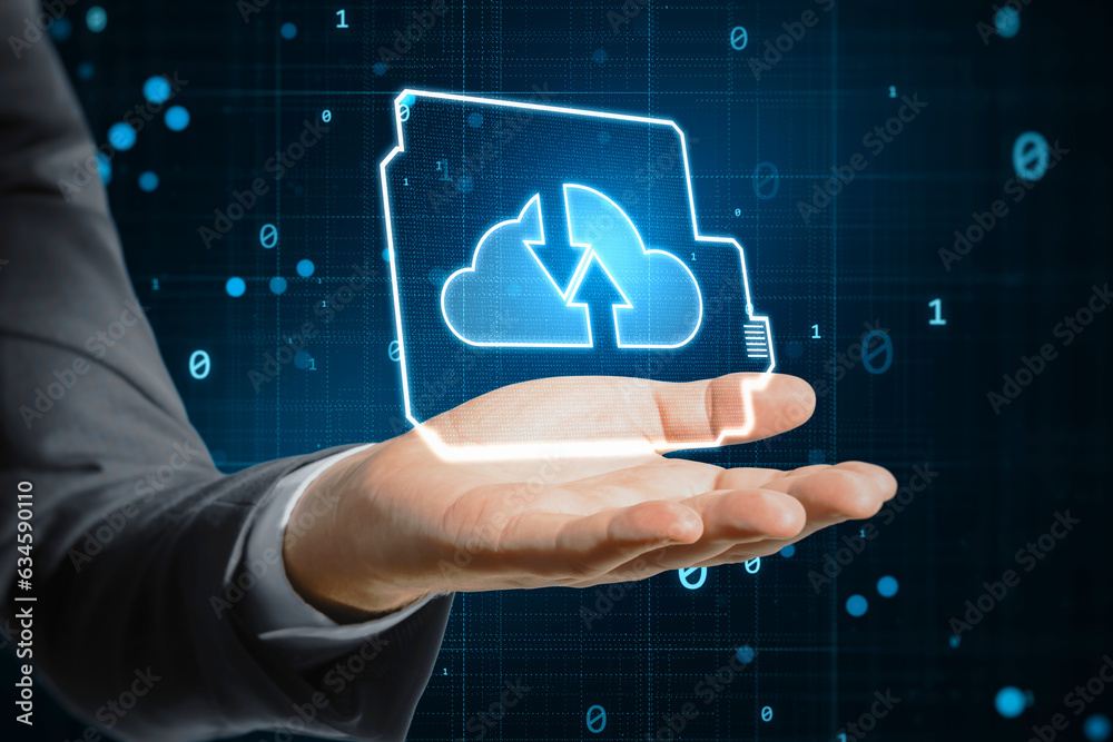 Aufkleber Cloud computing, storage and exchange concept with digital blue cloud symbol and arrows directed towards each other above businessman hand palm on dark technological background with binary code