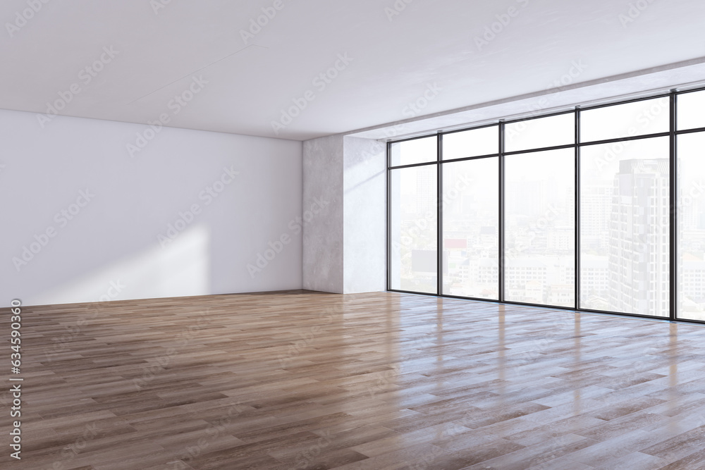 Poster bright empty spacious wooden and concrete ceiling and flooring interior with mock up place on wall a