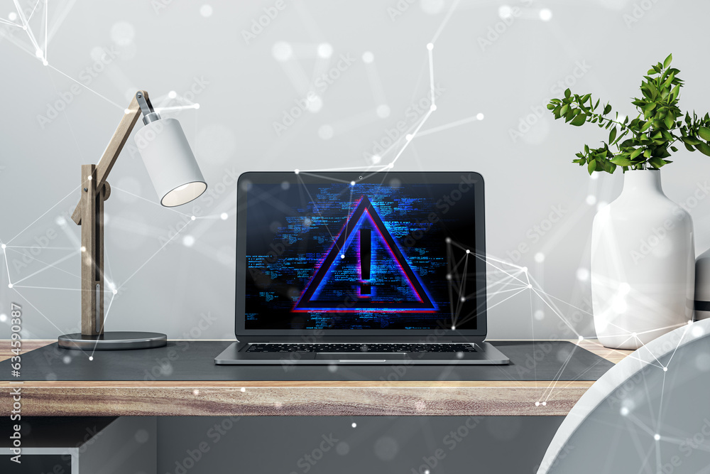Poster close up of laptop at desktop with polygonal exclamation mark hologram on bright wall background. ha