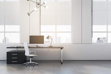 New white office interior with window, blinds, daylight and furniture. 3D Rendering.