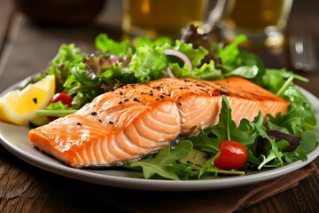 Baked Salmon on Rustic Background