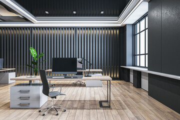 Modern wooden and concrete coworking office interior with window and city view, furniture and equipment. 3D Rendering.