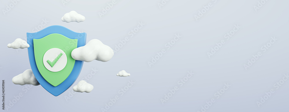 Poster Shield with check mark in the sky. Security concept. 3D Rendering