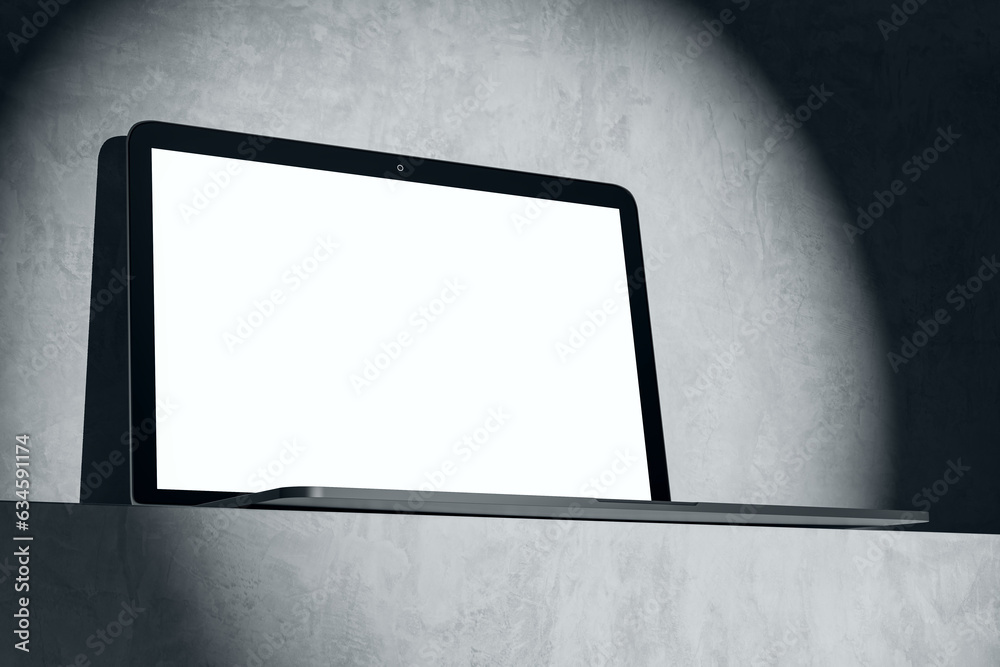 Poster Close up of clean white computer in spotlight. Mock up place on screen and advertisement concept. 3D Rendering.