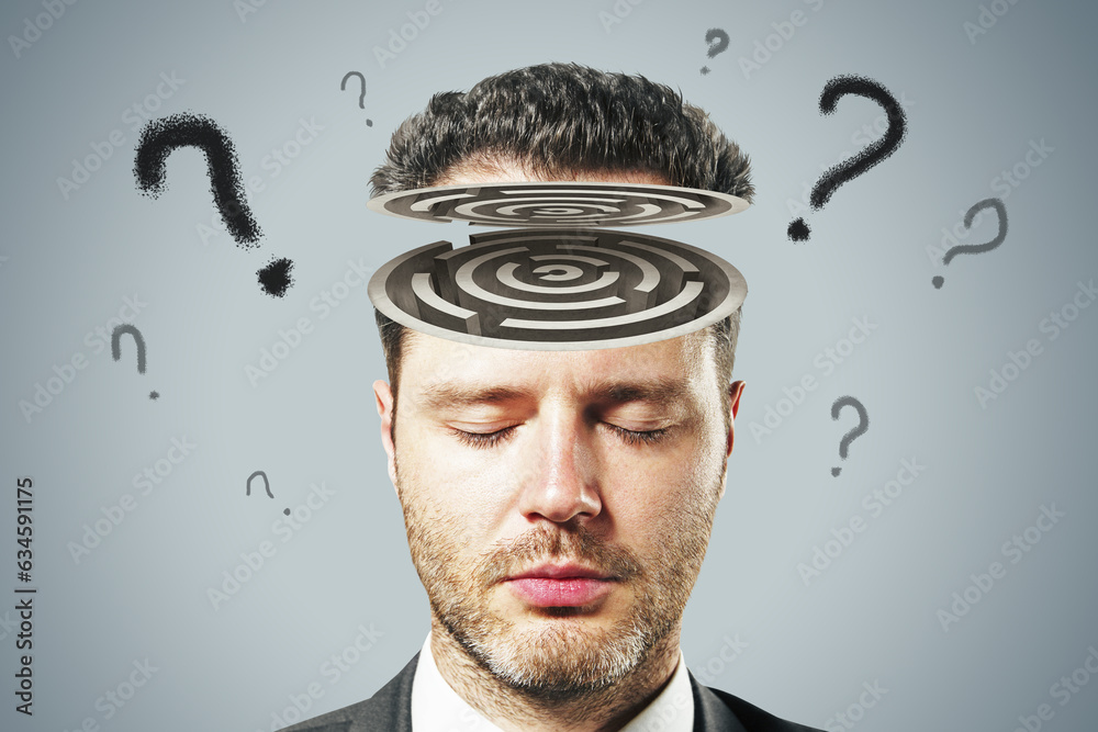 Poster concept of psychology and human consciousness with man head with labyrinth and question marks on gre