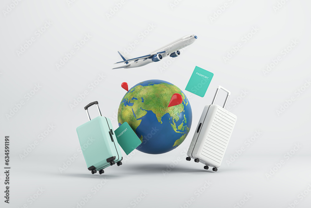 Poster Traveling around the world with suitcases and airplane. 3D rendering