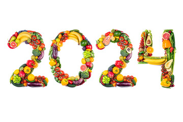 New year 2024 food trends. New Year 2024 made of vegetables, fruits and fish on white background. New years 2024 healthy food. 2024 resolutions, trends, healthy eating, sustainable, goals concept