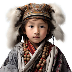 Studio shot of an 8-year-old Derung child wearing traditional clothing.