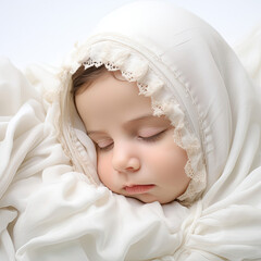 Studio shot of an Armenian newborn in delicate baby wear, isolated on a pure white background.