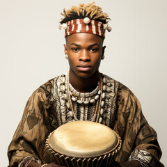Studio shot of a teenage African boy in modern tribal attire, practicing on a djembe drum.