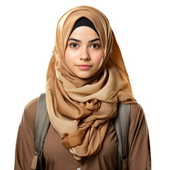 Studio shot of a Middle Eastern teenage girl wearing a hijab, with school books under her arm, isolated on a pure white background.