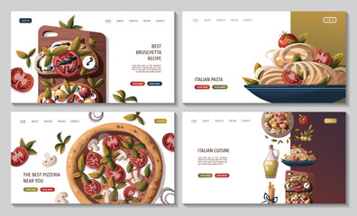 Set of web pages with Italian pizza, pasta, bruschetta, olive oil. Italian food, healthy eating, cooking, recipes, restaurant menu concept. Vector illustration for banner, website, poster.