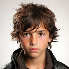Professional studio head shot of an 11-year-old Spanish boy with a miffed and disgruntled expression on his face.