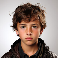 Professional studio head shot of an 11-year-old Spanish boy with a miffed and disgruntled expression on his face. - obrazy, fototapety, plakaty