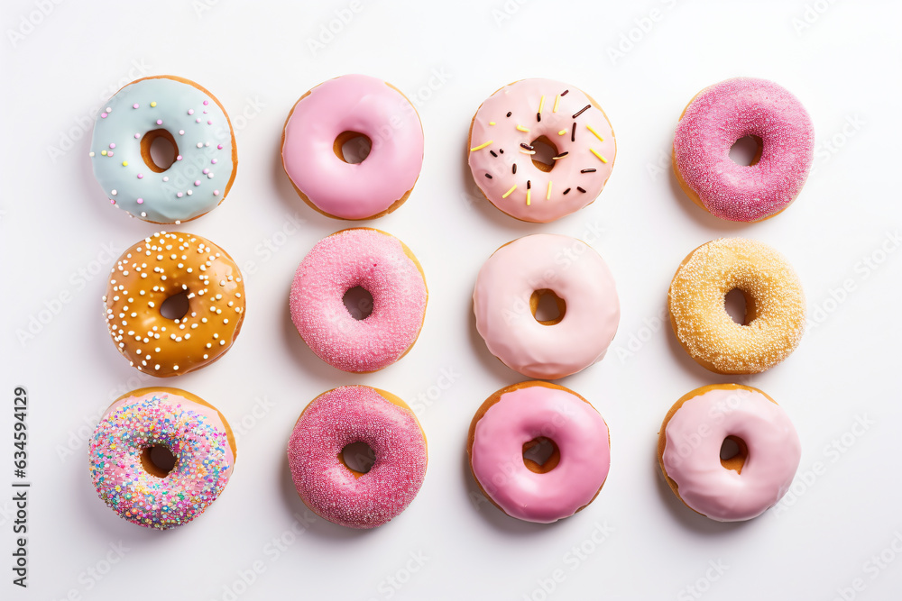 Poster Delicious glazed donuts on white background, flat lay. - Generative Ai