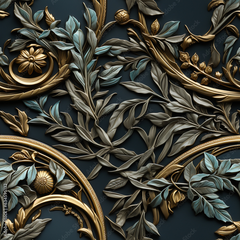 Poster A photograph of a laurel wreath as part of a design on a medal or coin, commemorating exceptional achievements.  Pattern for tiles. Generative AI technology.