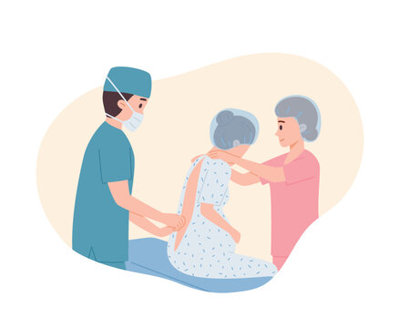 Epidural anesthesia, doctor makes a patient spinal injection, vector medical treatment care for pregnancy or caesarean