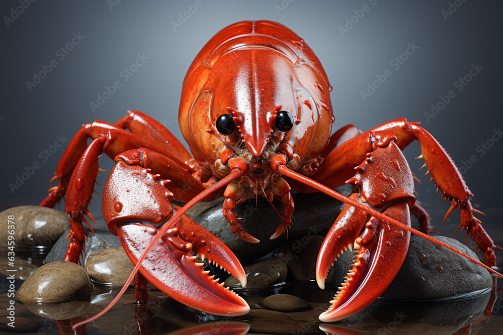 Poster A captivating close-up of a live lobster with its claws raised in defensive posture, showcasing its intriguing anatomy and behavior.  Generative AI technology.