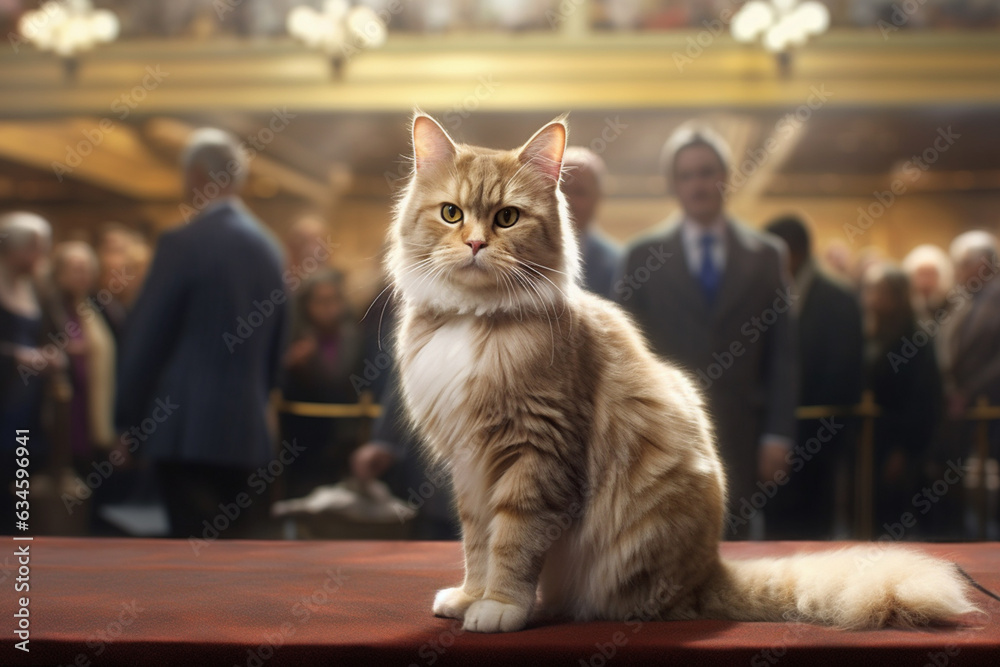 Poster a well-groomed show cat being admired by a judge in a cat show, highlighting the variety and beauty 