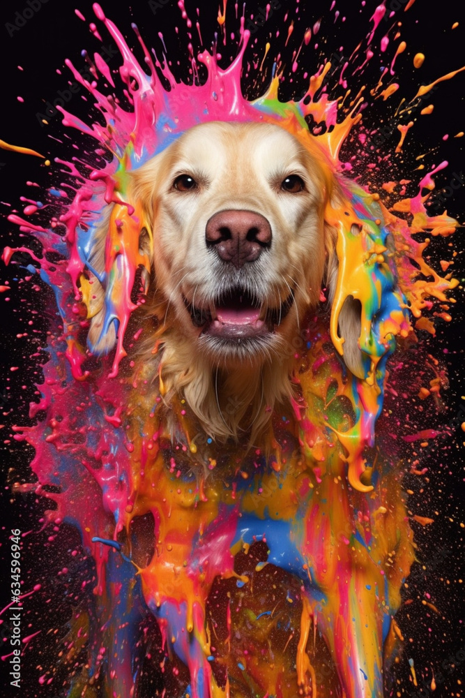 Poster an vibrant photograph of a dog splashed in bright paint, symbolizing freshness and health. generativ