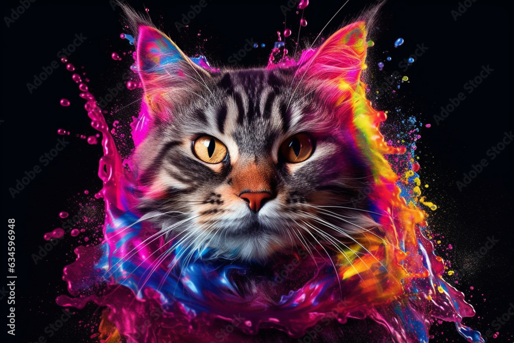 Aufkleber An vibrant photograph of a Cat splashed in bright paint, symbolizing freshness and health. Generative AI technology.