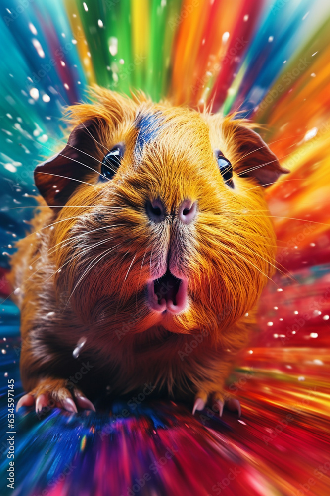 Poster an abstract surreal photograph of a guinea pig splashed in bright paint, contemporary colors and moo