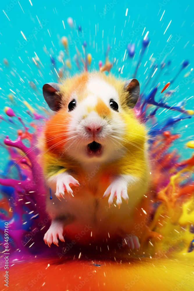 Poster an abstract surreal photograph of a hamster splashed in bright paint, contemporary colors and mood s