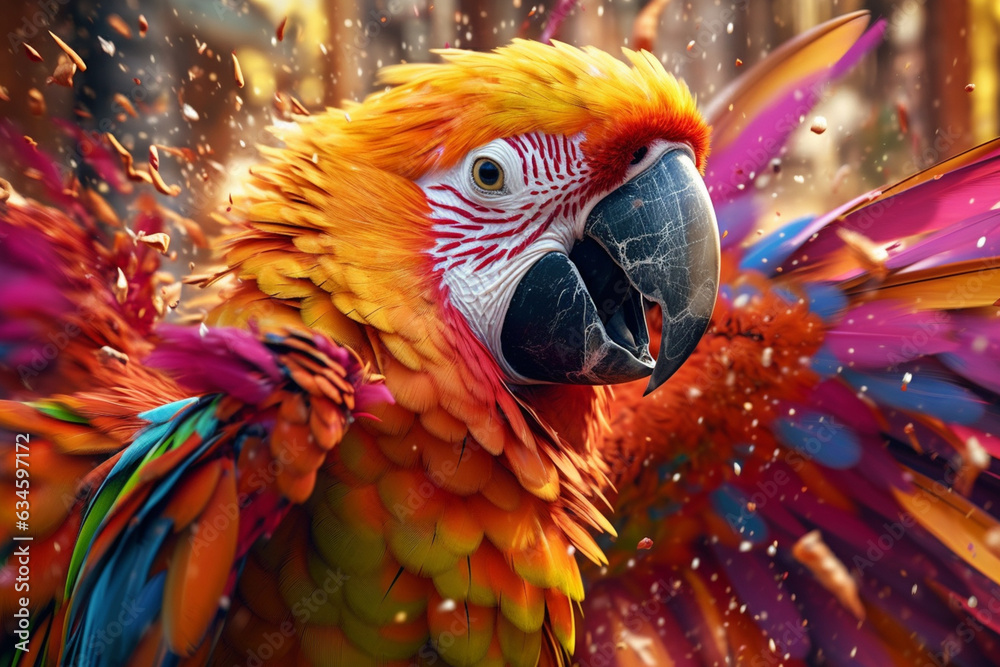 Poster an vibrant photograph of a parrot splashed in bright paint, contemporary colors and mood social back