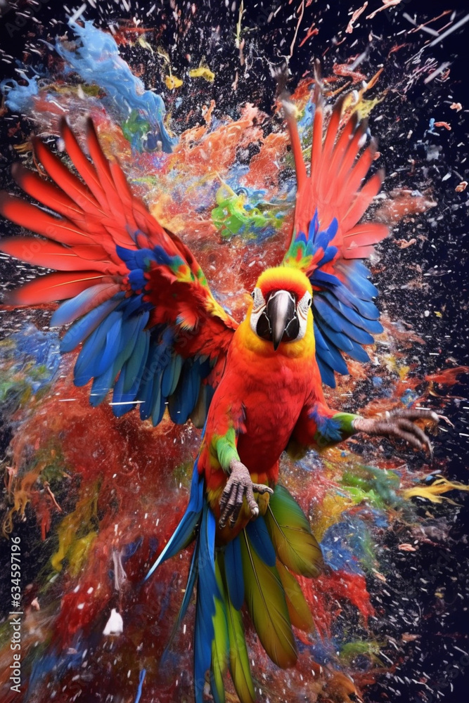 Poster an abstract surreal photograph of a parrot splashed in bright paint, contemporary colors and mood so