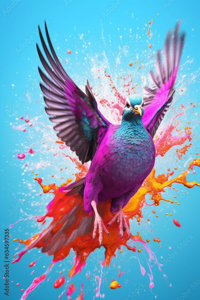 Poster an abstract surreal photograph of a pigeon splashed in bright paint, contemporary colors and mood so